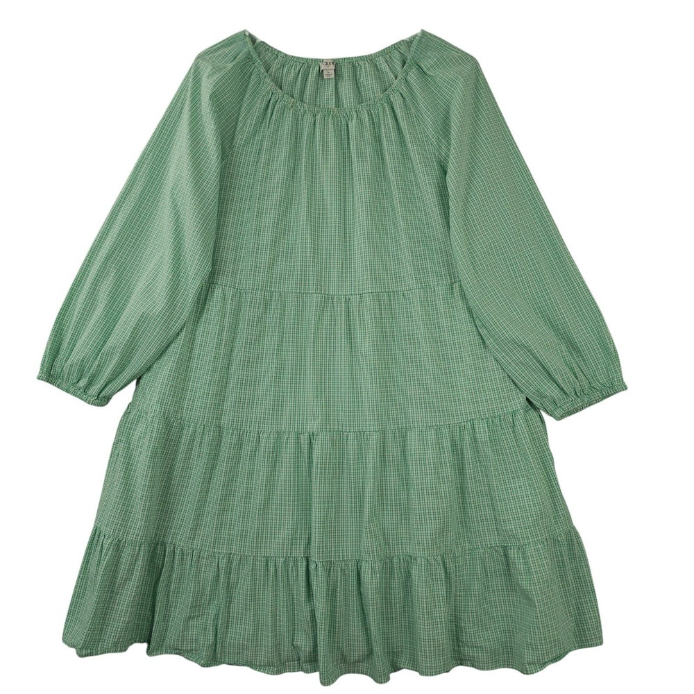 J Crew Dress Womens Large Green Gingham Cotton Blend Poplin Raglan Tiered Mini - Picture 1 of 13